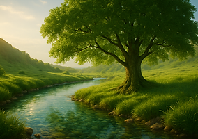 Golden Light over Stream and Hills.png