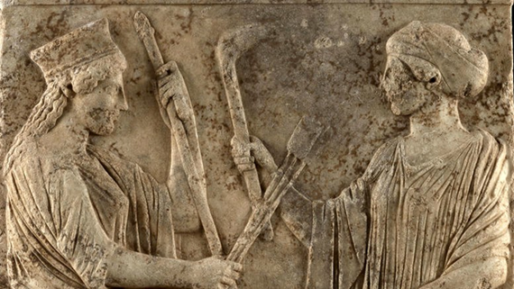 Great Eleusinian Relief depicting Demeter and Persephone, Greek votive 440–430 BCE, Wikimedia Commons