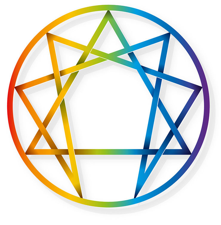 Eye-level view of a detailed Eneagrama diagram on a wooden table