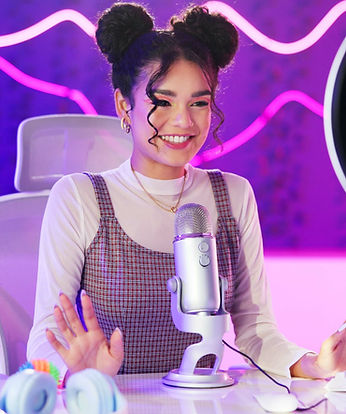 Influencer, girl and live streaming with phone, mic or technology in neon light for social