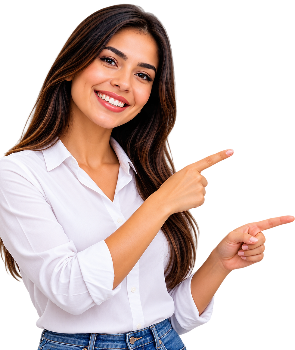 Mujer sonriente señalando a la derecha.png