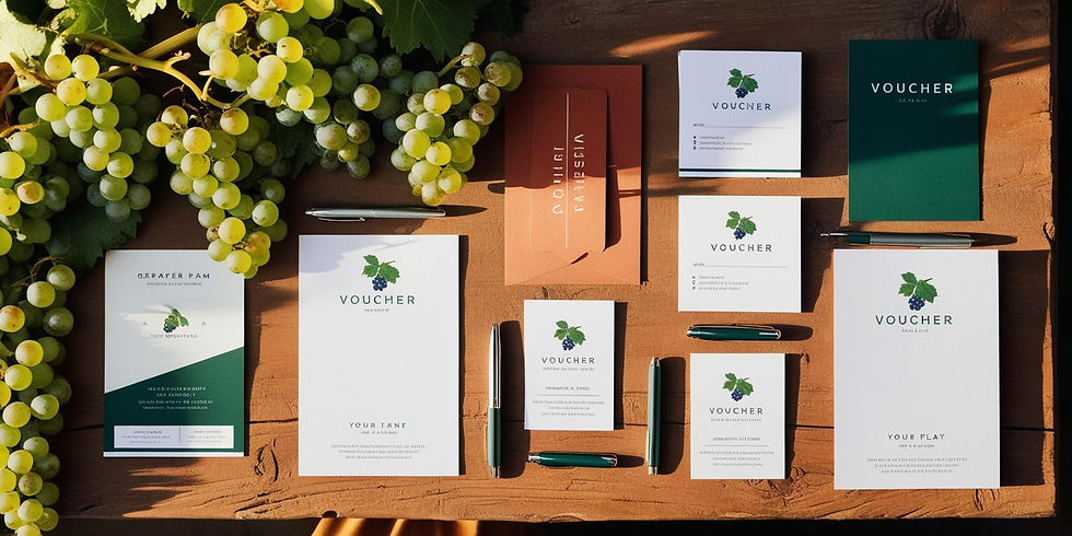 Flyer, Visitenkarten, Gutscheine und Kugelschreiber mit Weinreben. Harmonisch gestalltet.