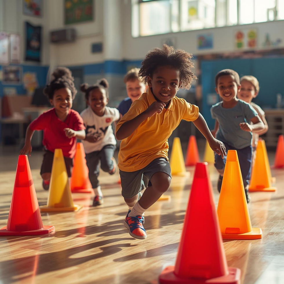 realistic photo of a small group of kindergarten children training with colorful sports co