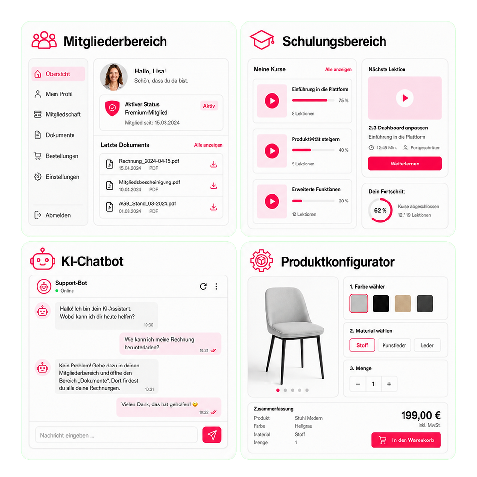 Zusatz Funktion Reblandpixel Webdesign Mitgliederbereich, Schulungsbereich, Ki-Chatbot, Produktkonfigurator System