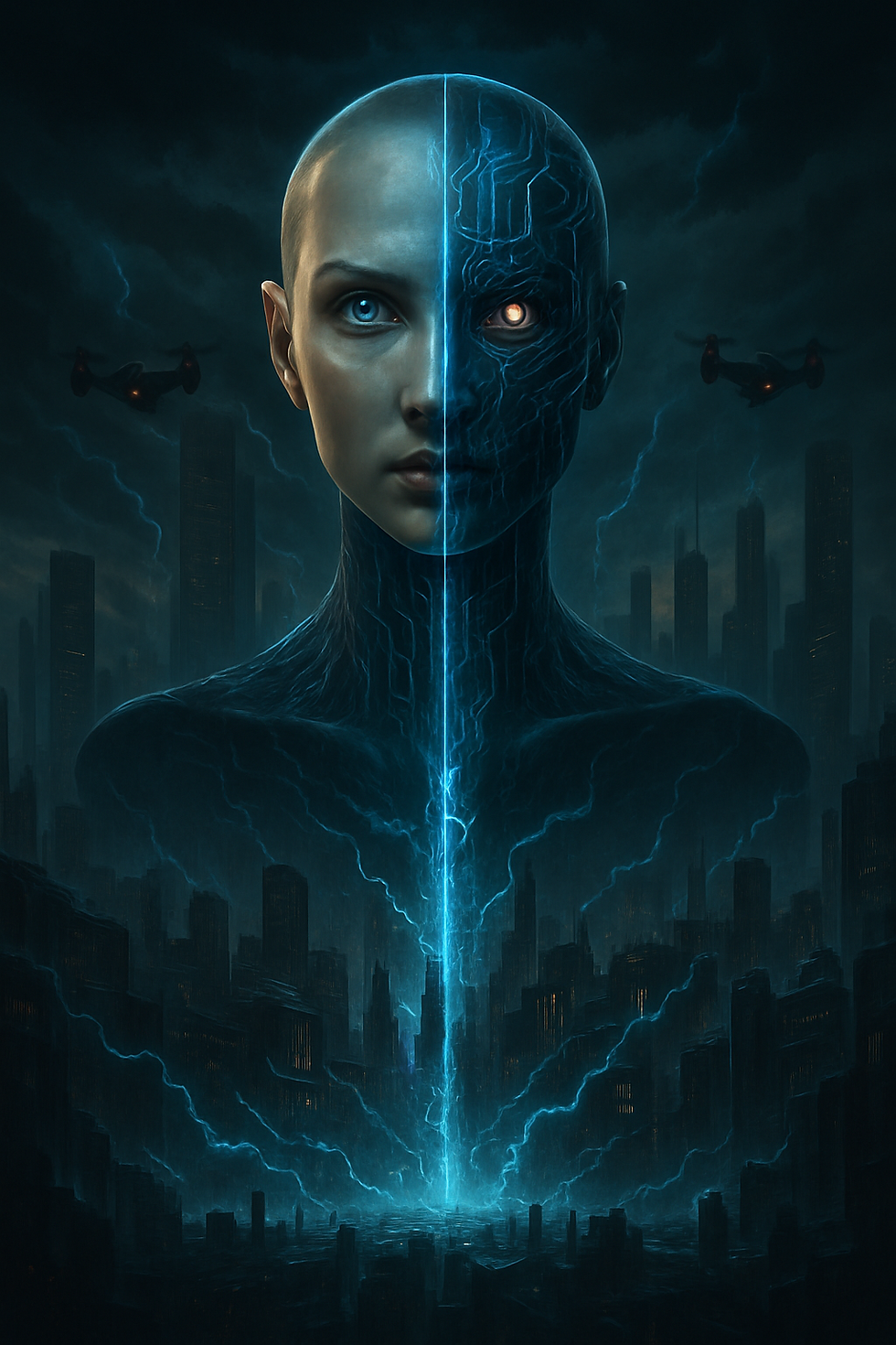 Cybernetic face with human and robotic sides, set in a dark futuristic cityscape. Blue glowing energy streaks and drones in background.