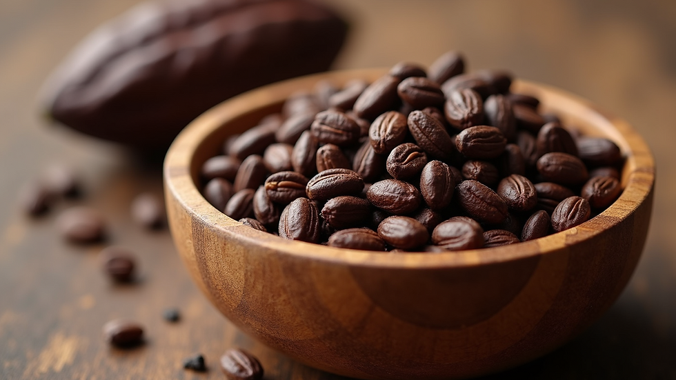Close-up view of cacao nibs in a wooden bowl