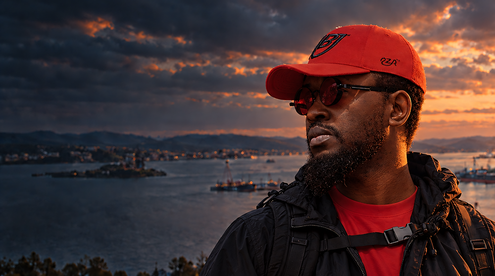 Korex Taiwo, New Brunswick filmmaker, at the harbour at sunset