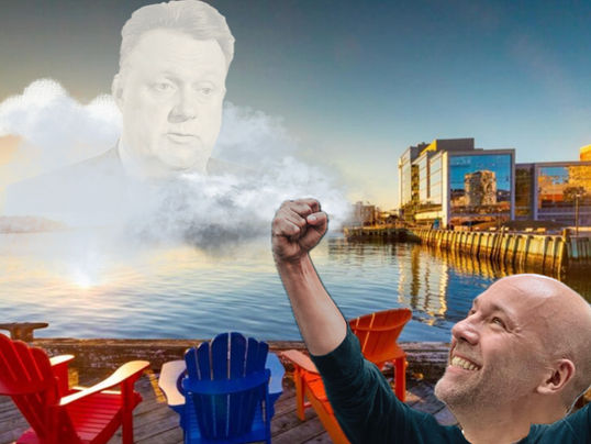 Smiling man, Andy Fillmore, with raised fists on a dock with colorful chairs at sunset. A large, cloudy face, Mike Savage, appears in the sky, creating a surreal scene.