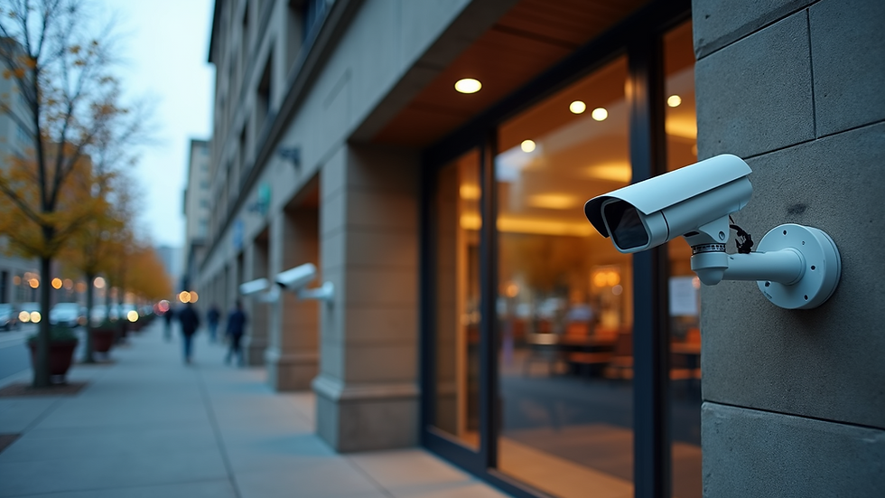 Eye-level view of a commercial building entrance with security cameras installed