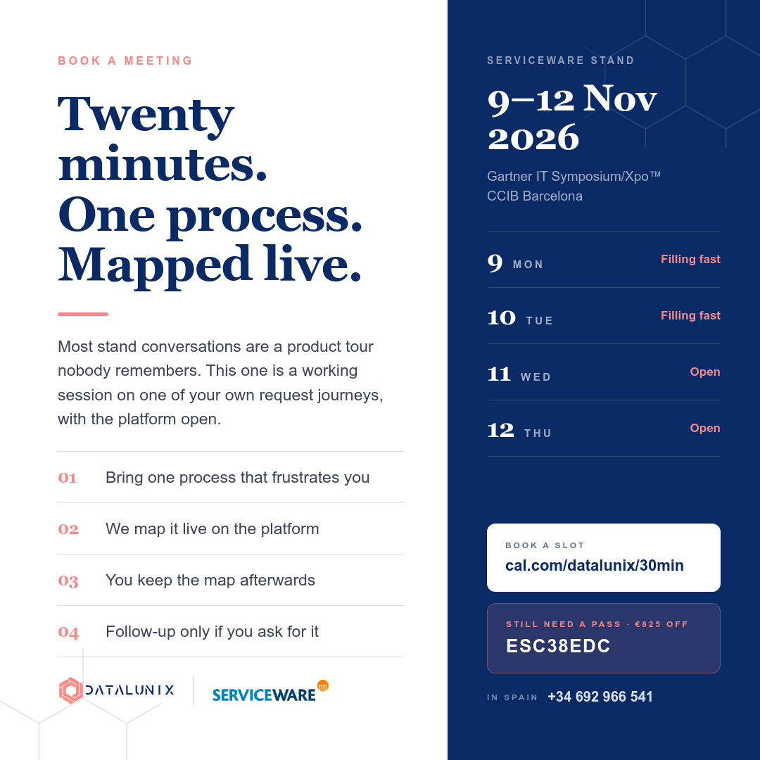 DataLunix and Serviceware at Gartner IT Symposium/Xpo 2026, Barcelona, 9-12 November, showing twenty-minute stand sessions and delegate pass code ESC38EDC for €825 off.
