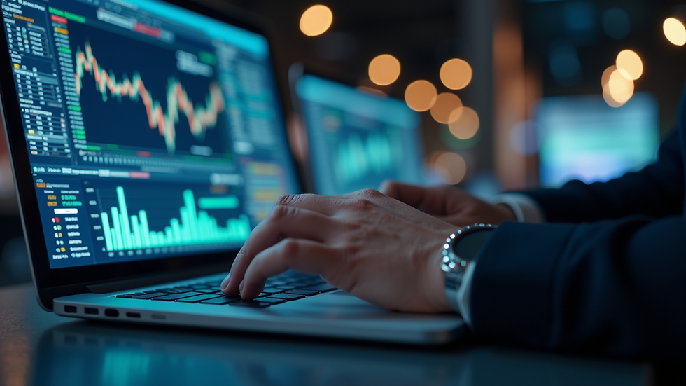 Eye-level view of a trader analyzing market data on a laptop