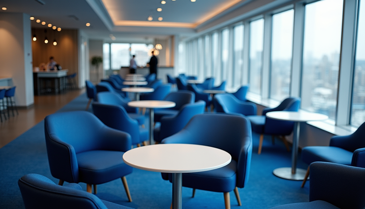 High angle view of JetBlue JFK Bluehouse lounge interior with seating and passengers