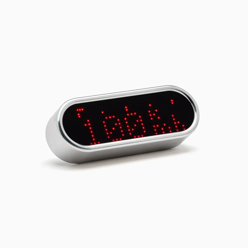 Tachimetro Motoscope mini visualizza testo rosso su sfondo nero e bianco.