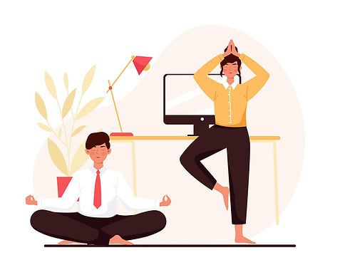 Artwork of two employees practicing yoga
