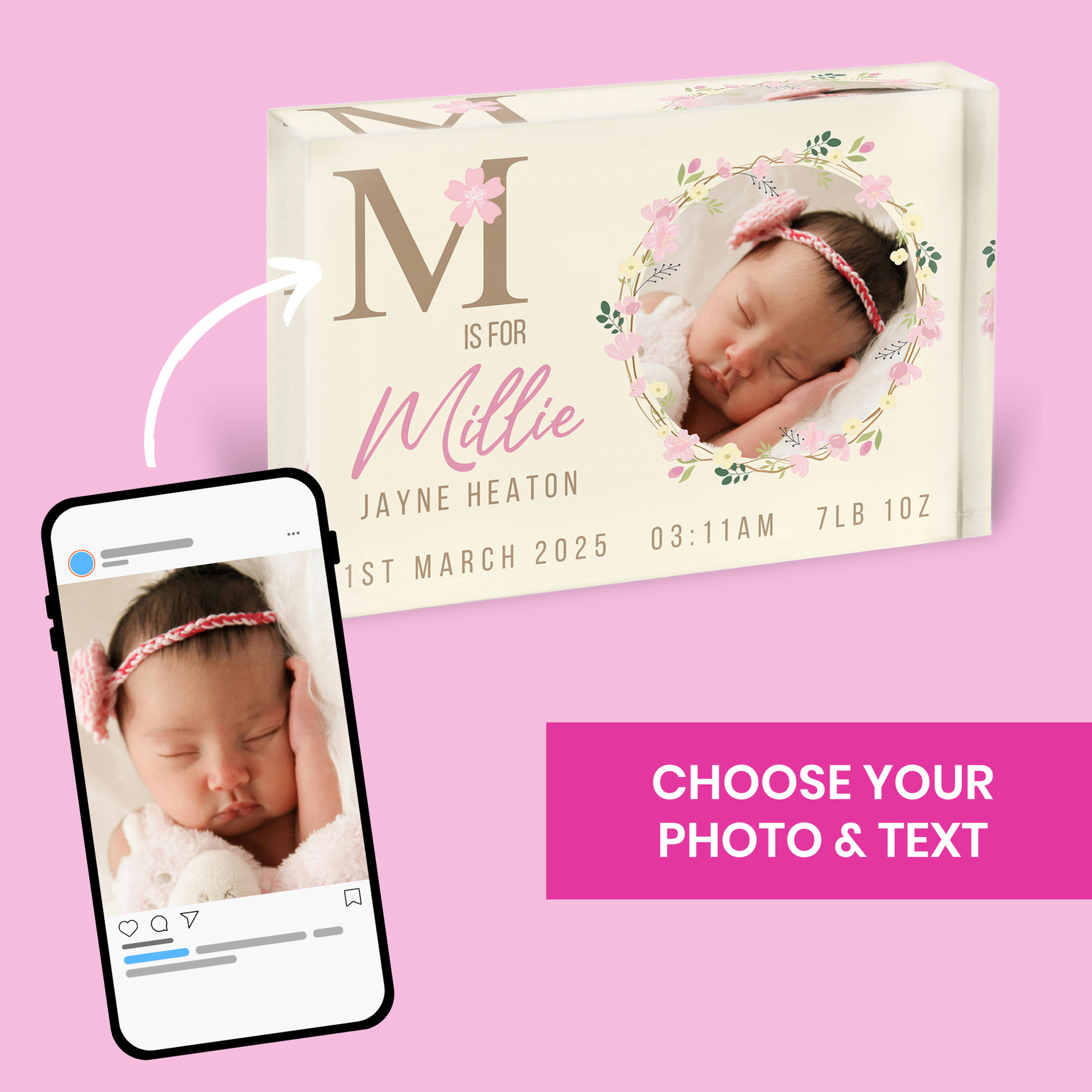 Personalised Birth Photo Block (Pre-Made Pink Floral Design)