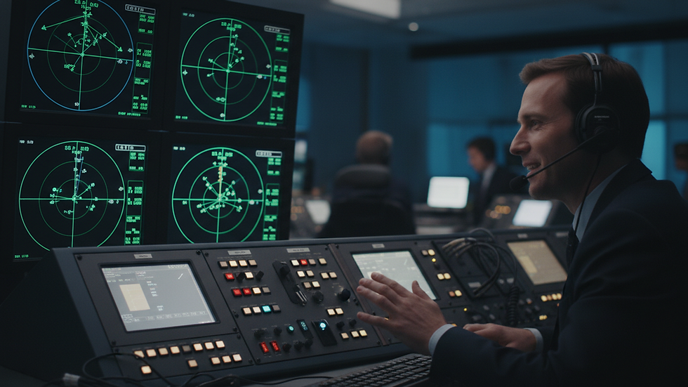 Close-up view of radar screens and control panels in an air traffic control center