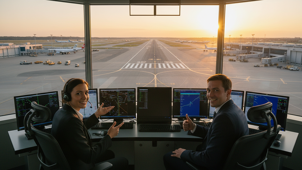 Eye-level view of an air traffic control tower overlooking an airport runway