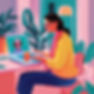 illustration of a woman on a laptop at a desk on a video call in style of david hockney.jp