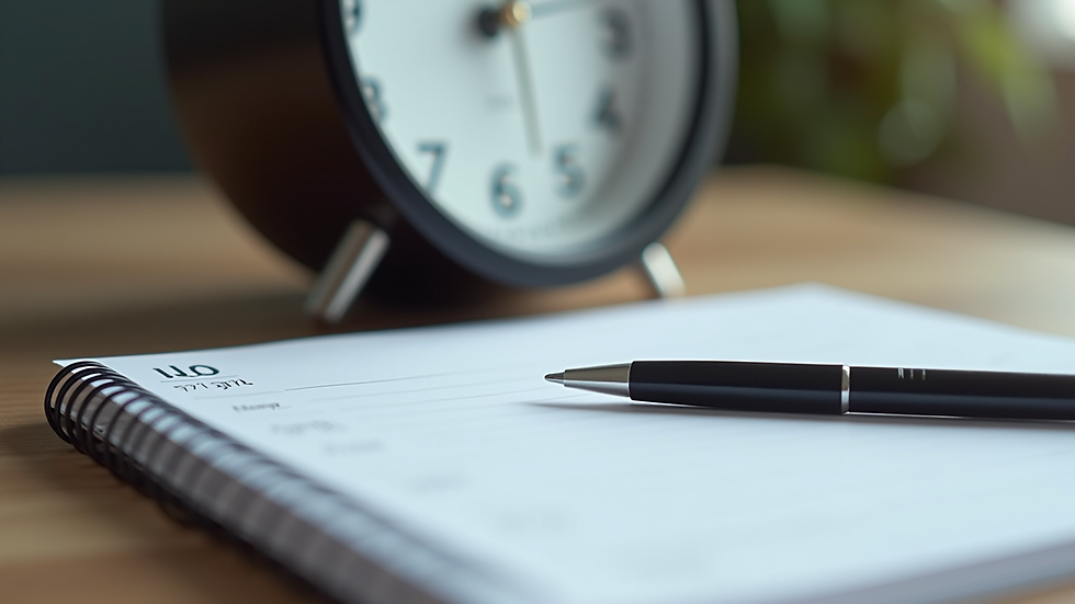 Close-up view of a clock and planner on a desk