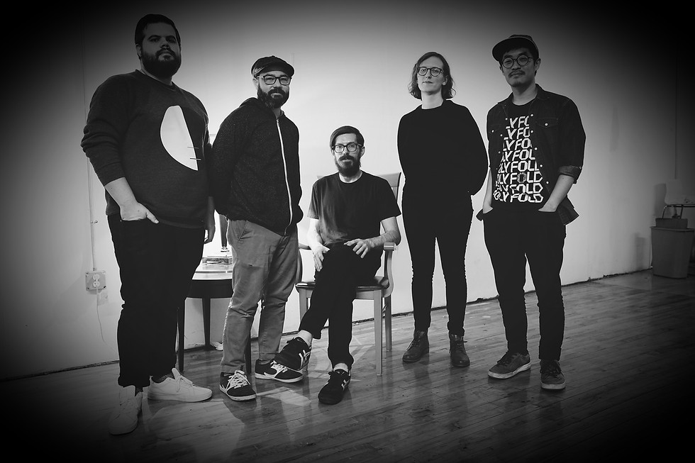 Press shot for Simulacra featuring drummer Colin Hinton, Yuma Uesaka, Anna Webber, Edward Gavitt, and Shawn Lovato.