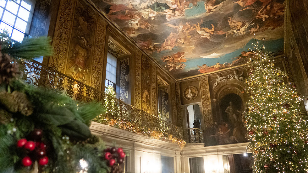 Chatsworth's Painted Hall decorated for Christmas