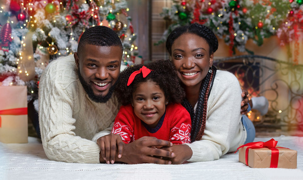 Eye-level view of a cozy living room decorated for the holidays with a family portrait setup