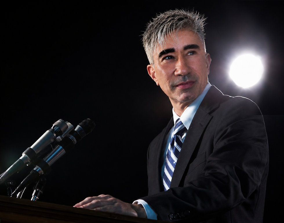 A man with grey-streaked hair wearing a suit and striped tie standing at a podium with microphones under a spotlight.