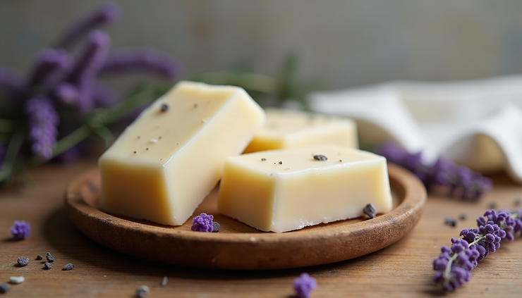 Eye-level view of natural soap bars made with breastmilk and lavender on a rustic wooden tray