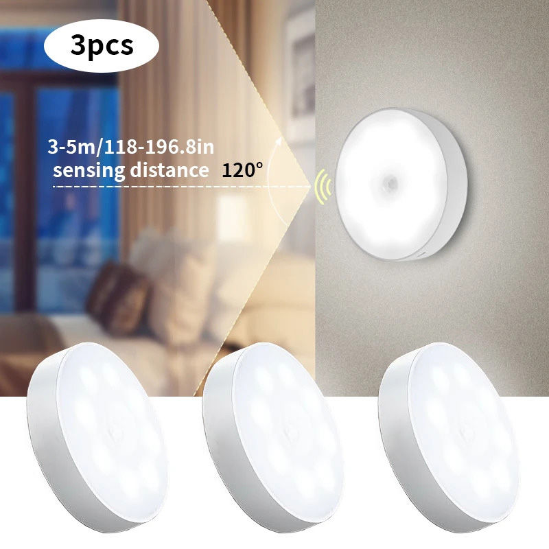 Kit com 3 Luzes Noturnas de LED com Sensor de Movimento e Recarregáveis 