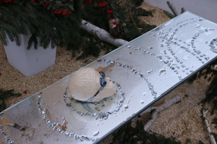 Installation artistique représentant une tête sculptée flottante sur une surface d'eau figée, avec des reflets et des éléments naturels. Cette œuvre interroge la montée des eaux, l'impact environnemental et notre rapport au changement climatique. Art contemporain, sculpture engagée, installation immersive.