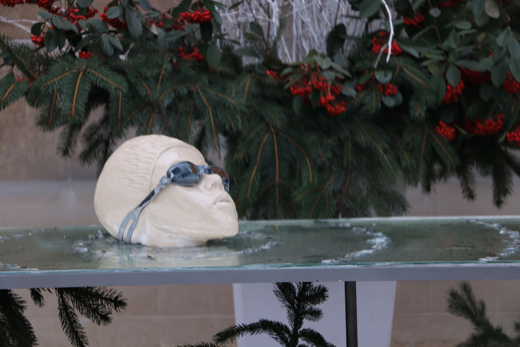 Installation artistique exposée sur le parvis de la mairie de Gleizé, représentant une tête sculptée flottant sur une surface d'eau figée. Cette œuvre questionne la montée des eaux, l'impact environnemental et notre rapport au changement climatique. Art contemporain, sculpture engagée, installation immersive.