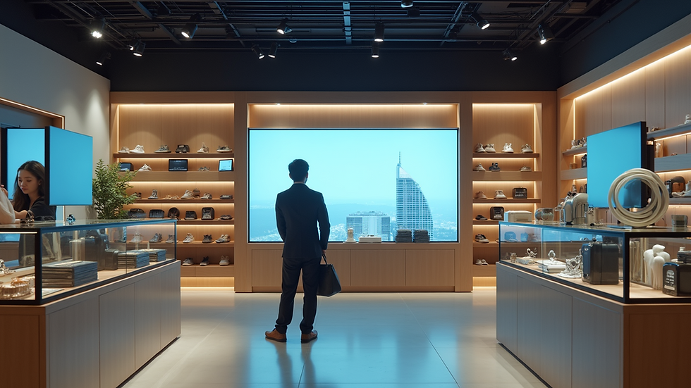 Eye-level view of a modern Singaporean retail store with digital displays