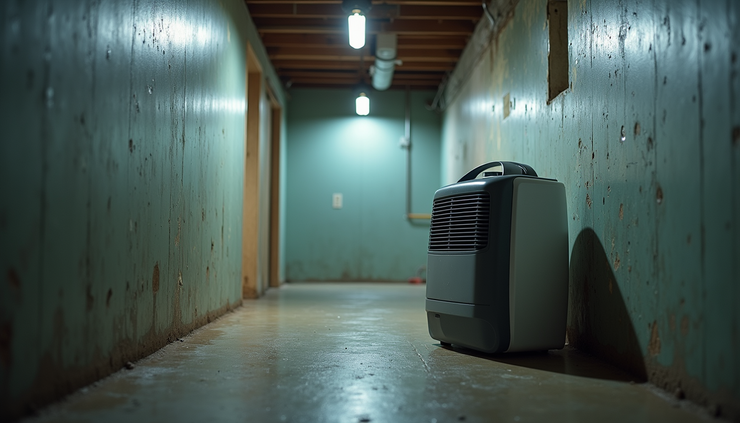 Eye-level view of a dehumidifier operating in a basement with visible damp walls