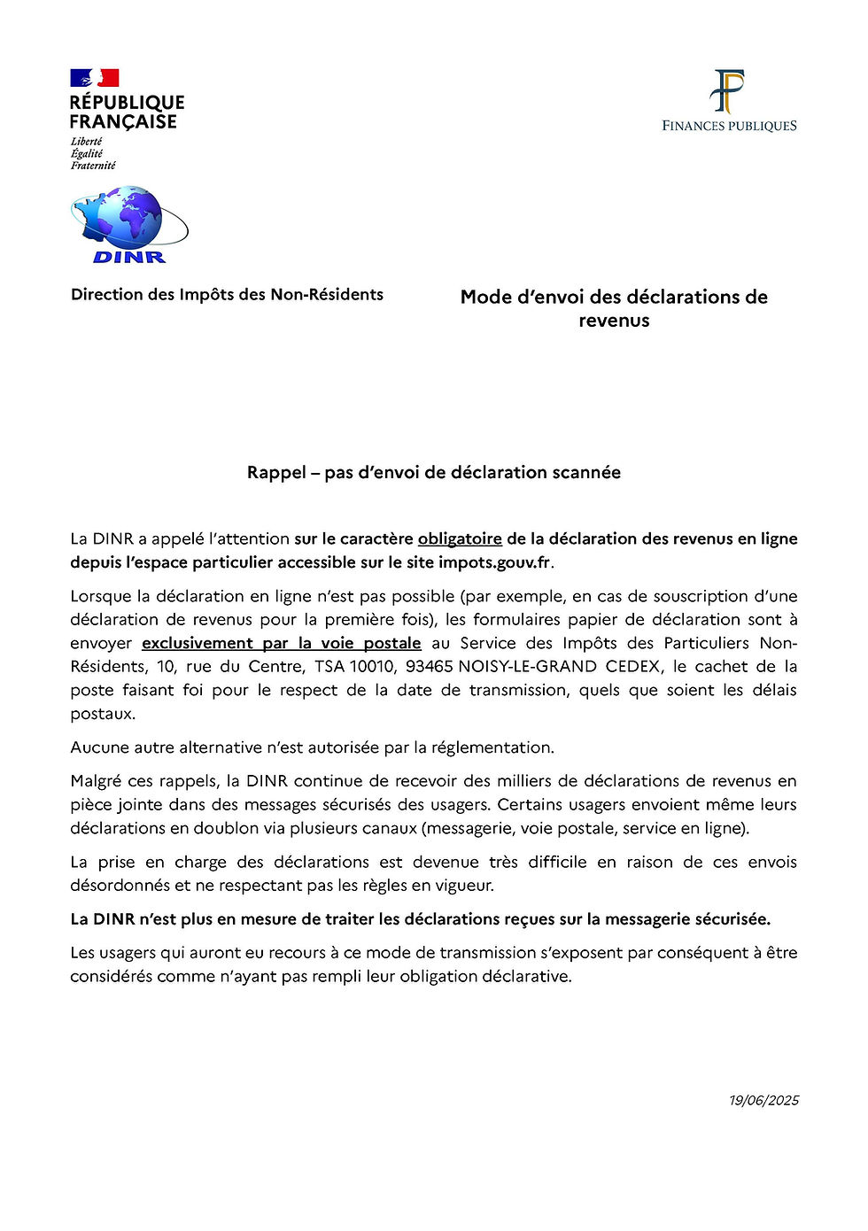 Information de la Direction des Impôts des Non-Résidents
