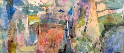 Collage on board. Dreamy, soft. Brush of leaves, woodland air.