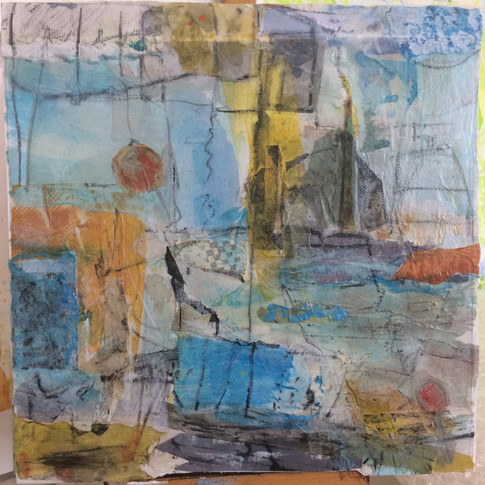 collage on cradled board, boatyard, coastal, abstract
