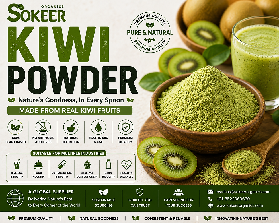 Premium Kiwi Powder for Food, Beverage & Nutraceutical Industries
Australia's food and beverage industry continues to evolve as manufacturers seek premium fruit ingredients that combine natural flavour, vibrant colour, and excellent nutritional value. Kiwi Powder has become an increasingly popular ingredient among beverage manufacturers, nutraceutical companies, sports nutrition brands, bakery businesses, dairy manufacturers, food processors, and private-label companies looking to create innovative, clean-label products.
At Sokeer Organics, we supply premium-quality Kiwi Powder manufactured from carefully selected ripe kiwi fruits using advanced processing technologies that help preserve the fruit's natural flavour, refreshing aroma, vibrant green colour, and nutritional profile. Our commitment to strict quality standards, consistent manufacturing, and reliable bulk supply has made us a trusted Kiwi Powder Supplier for businesses across Australia and international markets.
Whether you are manufacturing functional beverages, smoothie blends, dietary supplements, bakery products, dairy formulations, desserts, confectionery, or wellness products, our Kiwi Powder delivers consistent quality and dependable performance for commercial-scale production.
What is Kiwi Powder?
Kiwi Powder is produced by processing fresh, high-quality kiwi fruits into a fine powder while retaining the fruit's natural flavour, colour, aroma, and valuable nutrients. It provides manufacturers with a convenient ingredient that offers extended shelf life, easy transportation, simple storage, and exceptional versatility across a wide range of food applications.
Kiwi Powder is widely used in beverages, smoothie mixes, bakery products, dairy products, desserts, confectionery, dietary supplements, health foods, sports nutrition formulations, breakfast cereals, snack foods, fruit blends, and functional food products.
Why Kiwi Powder is Growing in Australia
The Australian market continues to experience strong demand for natural fruit ingredients that support clean-label product development and healthier consumer choices. Kiwi Powder enables manufacturers to develop premium products with authentic fruit flavour while enhancing nutritional value and product appeal.
Natural Fruit Flavour
Kiwi Powder delivers a refreshing sweet-tart flavour that enhances beverages, desserts, bakery products, and nutritional formulations.
Rich Nutritional Profile
Kiwi naturally contains vitamin C, dietary fibre, antioxidants, and essential nutrients, making it an excellent ingredient for wellness-focused products.
Clean Label Ingredient
Manufacturers increasingly choose Kiwi Powder as consumers seek products made with simple, recognisable, fruit-based ingredients.
Versatile Applications
Kiwi Powder is suitable for beverages, bakery, dairy, confectionery, sports nutrition, nutraceuticals, and food processing industries.
Manufacturing Technologies
Sokeer Organics offers multiple processing technologies to meet diverse customer requirements.
Spray Dried Kiwi Powder
Spray Dried Kiwi Powder is ideal for beverage manufacturers, instant drink mixes, food processing companies, and industrial applications.
Benefits include:
Excellent solubility
Smooth texture
Consistent quality
Cost-effective production
Longer shelf life
Freeze Dried Kiwi Powder
Freeze Dried Kiwi Powder is recommended for premium formulations requiring superior nutrient retention and authentic fruit characteristics.
Benefits include:
Better nutrient preservation
Superior flavour retention
Rich natural aroma
Vibrant natural colour
Premium ingredient quality
Ideal for:
Superfood blends
Sports nutrition
Health supplements
Premium smoothies
Functional foods
Dehydrated Kiwi Powder
Dehydrated Kiwi Powder provides excellent stability for bakery products, confectionery, seasoning blends, dry food applications, and industrial manufacturing while maintaining cost efficiency.
Applications of Kiwi Powder
Kiwi Powder has become a versatile ingredient used across numerous industries.
Beverage Industry
Ideal for smoothies, juice blends, hydration beverages, sports drinks, wellness drinks, bubble tea, functional beverages, and instant drink mixes.
Nutraceutical Industry
Widely used in dietary supplements, superfood blends, antioxidant formulations, nutritional powders, wellness products, and functional nutrition.
Bakery Industry
Suitable for cakes, muffins, cookies, pastries, pancakes, donuts, dessert fillings, frostings, and decorative toppings.
Dairy Industry
Used in yogurt, flavoured milk, dairy beverages, frozen desserts, ice cream, and nutritional dairy products.
Food Processing Industry
Commonly incorporated into breakfast cereals, fruit snacks, confectionery, ready-to-mix products, health foods, fruit blends, and packaged food formulations.
Why Choose Sokeer Organics?
Businesses across Australia trust Sokeer Organics because we consistently deliver premium-quality fruit powders supported by advanced manufacturing and dependable customer service.
Our advantages include:
Premium-quality manufacturing
Carefully selected raw materials
Advanced processing technology
Consistent batch quality
Bulk manufacturing capability
Export-ready documentation
OEM manufacturing
Private-label solutions
Competitive wholesale pricing
Reliable global logistics
Responsive customer support
We help businesses maintain product consistency while supporting long-term growth through dependable ingredient supply.
Bulk Packaging Options
Sokeer Organics provides flexible packaging solutions for manufacturers, wholesalers, distributors, exporters, importers, and private-label brands.
Available packaging includes:
1 kg
5 kg
10 kg
20 kg
25 kg
Custom bulk packaging
Private-label packaging
OEM packaging solutions
Industries We Serve
Our Kiwi Powder is supplied to:
Food Manufacturers
Beverage Companies
Nutraceutical Manufacturers
Sports Nutrition Brands
Bakery Manufacturers
Dairy Companies
Health Food Brands
Contract Manufacturers
Wholesalers
Importers
Exporters
Private Label Businesses
Quality Assurance
Quality is the foundation of every product manufactured by Sokeer Organics. Every batch of Kiwi Powder undergoes comprehensive quality evaluation to ensure colour consistency, natural flavour retention, controlled moisture levels, fine particle size, microbiological safety, product purity, and export-quality standards.
Our advanced quality management systems ensure reliable ingredient performance for commercial-scale production while meeting international customer expectations.
Frequently Asked Questions
What is Kiwi Powder?
Kiwi Powder is a fine fruit powder produced from carefully selected ripe kiwi fruits while preserving their natural flavour, colour, aroma, and nutritional properties.
What is Kiwi Powder used for?
Kiwi Powder is widely used in beverages, smoothies, dietary supplements, bakery products, dairy products, desserts, confectionery, sports nutrition, and functional food formulations.
Do you supply Kiwi Powder in bulk?
Yes. Sokeer Organics supplies bulk Kiwi Powder for manufacturers, wholesalers, distributors, exporters, importers, and private-label brands worldwide.
Do you provide private-label manufacturing?
Yes. We offer OEM manufacturing and customised private-label packaging solutions to help businesses build and expand their product range.
Do you export Kiwi Powder to Australia?
Yes. We supply premium Kiwi Powder throughout Australia and export to customers across the USA, Europe, the Middle East, Asia, and other international markets.
What packaging sizes are available?
We offer flexible packaging options ranging from 1 kg to 25 kg bulk packs, together with customised packaging based on customer requirements.
Partner with a Trusted Kiwi Powder Supplier in Australia
Choosing the right Kiwi Powder Supplier in Australia is essential for producing high-quality products that meet evolving consumer expectations. At Sokeer Organics, we combine carefully selected raw materials, advanced manufacturing technologies, rigorous quality control, flexible packaging solutions, and dependable global logistics to deliver premium Kiwi Powder for modern food, beverage, nutraceutical, sports nutrition, and wellness industries.
Whether you are launching a new beverage, expanding your supplement range, developing innovative bakery products, manufacturing functional foods, or building a private-label brand, Sokeer Organics is your trusted partner for premium bulk Kiwi Powder in Australia and worldwide.