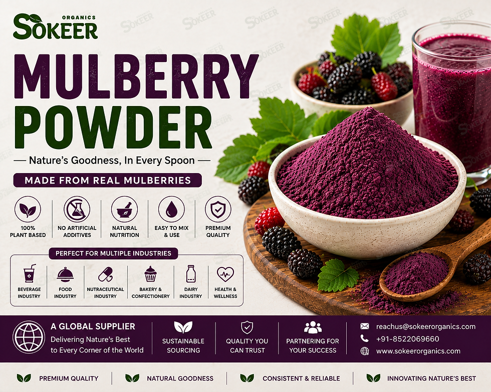 Premium Mulberry Juice Powder Manufacturer in Australia. Sokeer Organics supplies bulk mulberry juice powder for food, beverage, nutraceutical, bakery, dairy, and private label industries.
