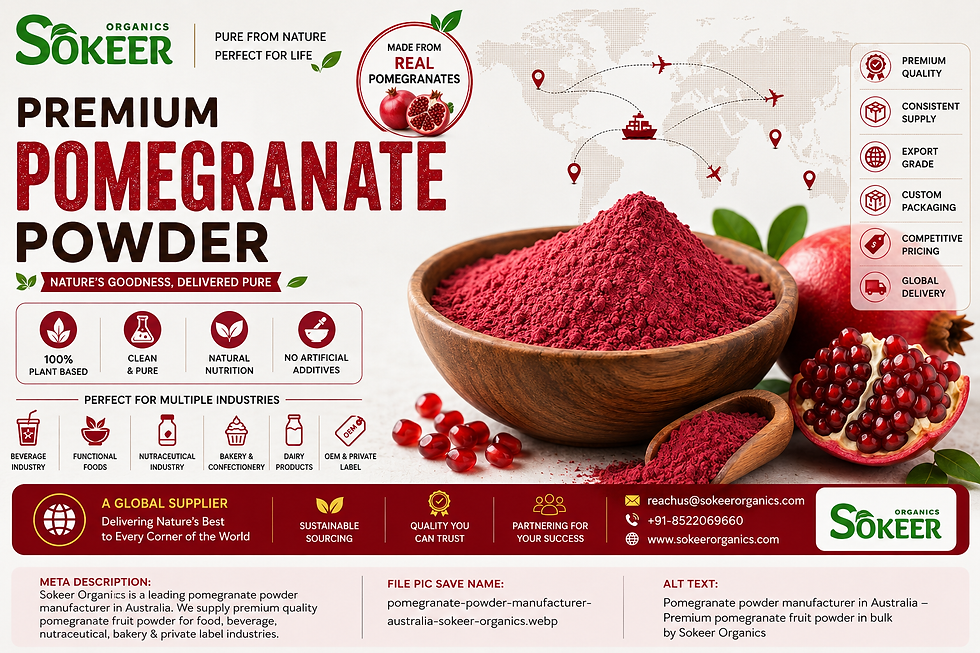 Premium pomegranate powder manufacturer in Australia. Sokeer Organics supplies high-quality fruit powder for food, beverage, nutraceutical, bakery, dairy, and private label industries.