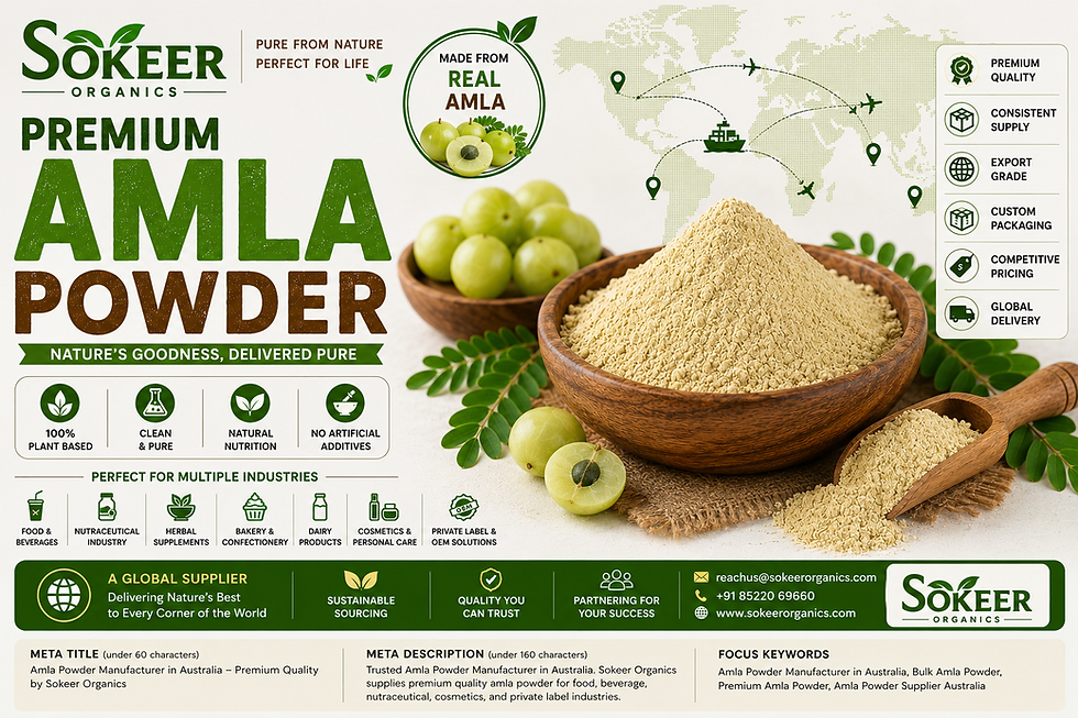 Trusted Amla Powder Manufacturer in Australia. Sokeer Organics supplies premium amla powder for food, beverage, nutraceutical, cosmetic, and private label brands.