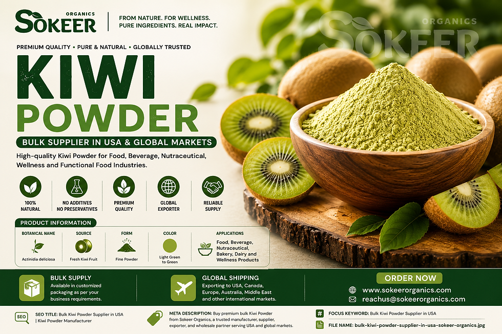 Buy premium bulk Kiwi Powder from Sokeer Organics, a trusted Kiwi Powder manufacturer, supplier, exporter, and wholesale partner serving Germany and global markets.