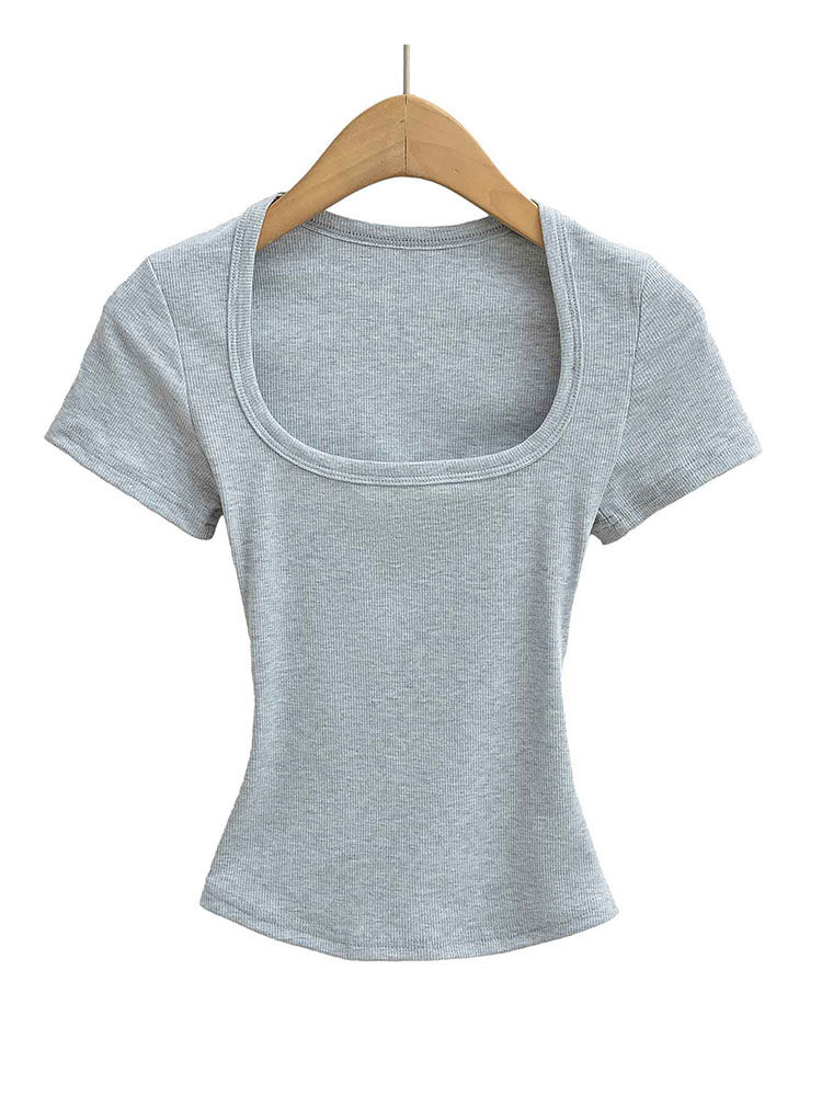 Thumbnail: Women's Slim Fit Square Collar Crop Top High Stretch Short Sleeve Pullover Sexy 
