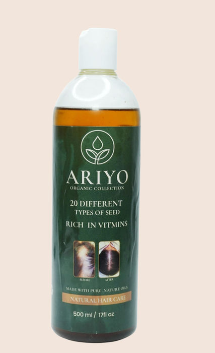 Large bottle of Ariyo natural hair care oil made with 20 different seeds, 500 ml