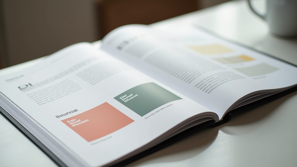 Close-up view of a branding guideline book open on a desk with color palettes and typography samples