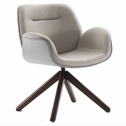 Miniatura: Cadeira estofada moderna com tecido bege claro e base de madeira escura.