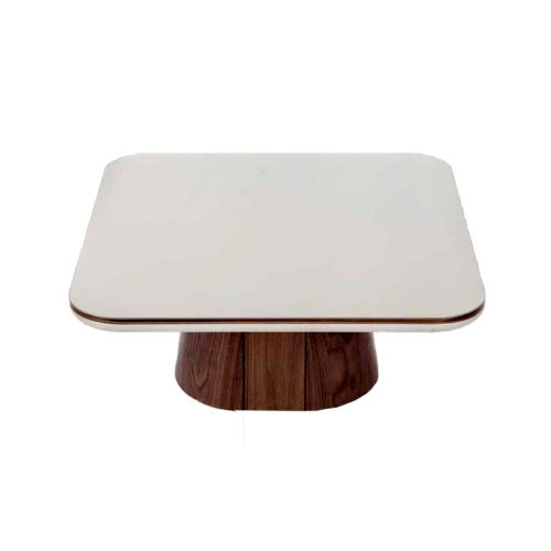 Miniatura: Mesa quadrada com tampo branco e base de madeira escura.