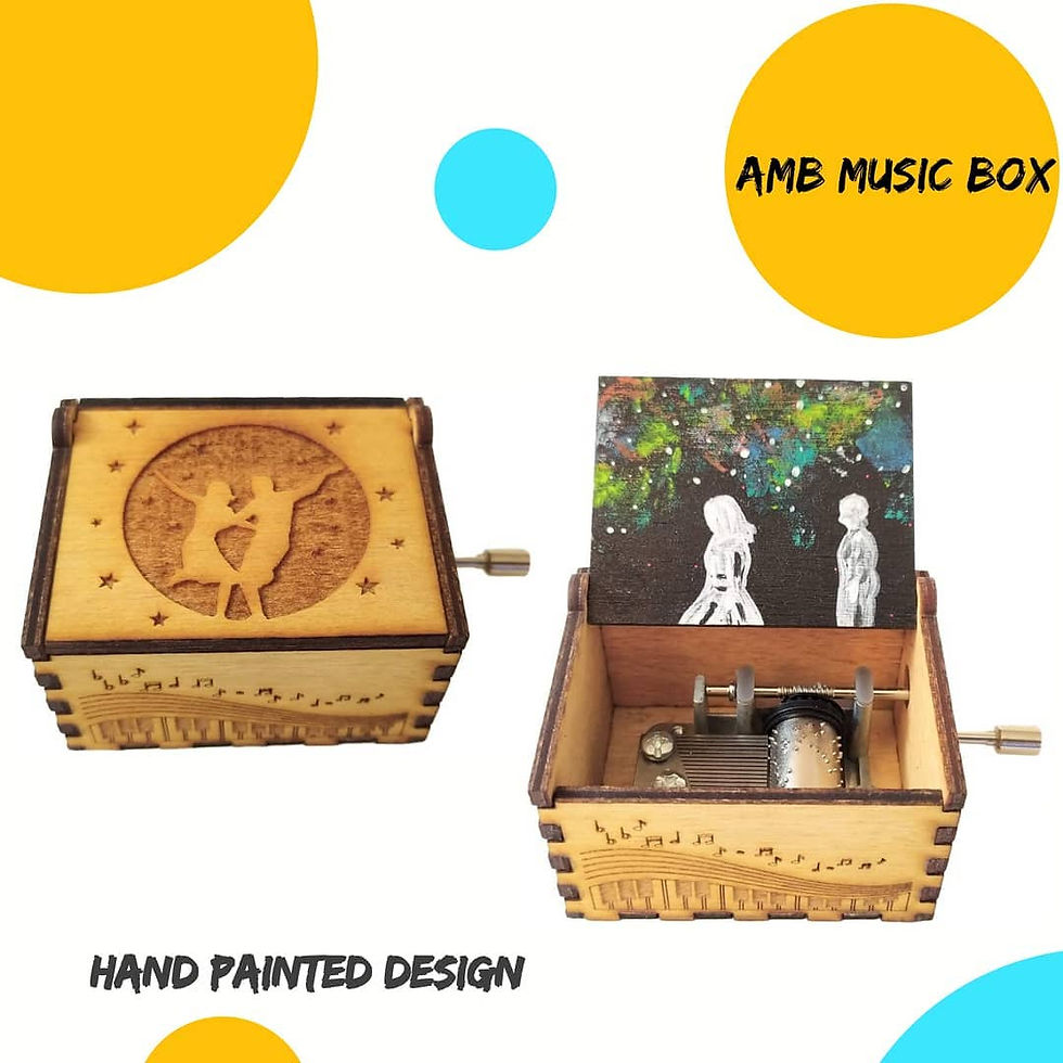 Handmade Wooden music box with Hand Painted Love Theme Design and AMB Workshop Music Box illustrations / Gift