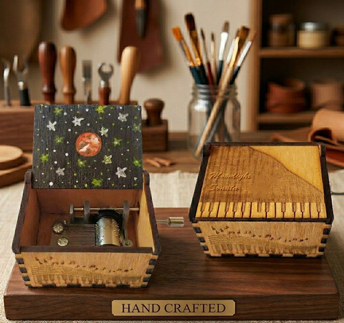 Moonlight Music Box – Hand Crank, Hand-Painted Wooden Cats