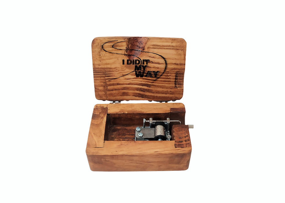 Thumbnail: Open wooden music box with "I DID IT MY WAY" text. Music Box AMB Workshop, Natural Wood and Sianatra Theme