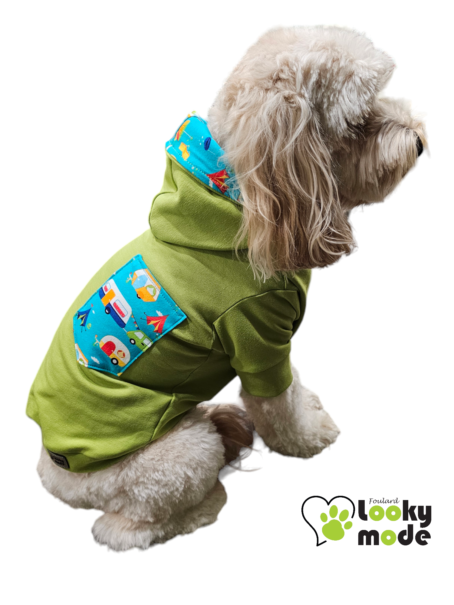 Hoodie pour chien couleur lime thème Camping de Looky Mode